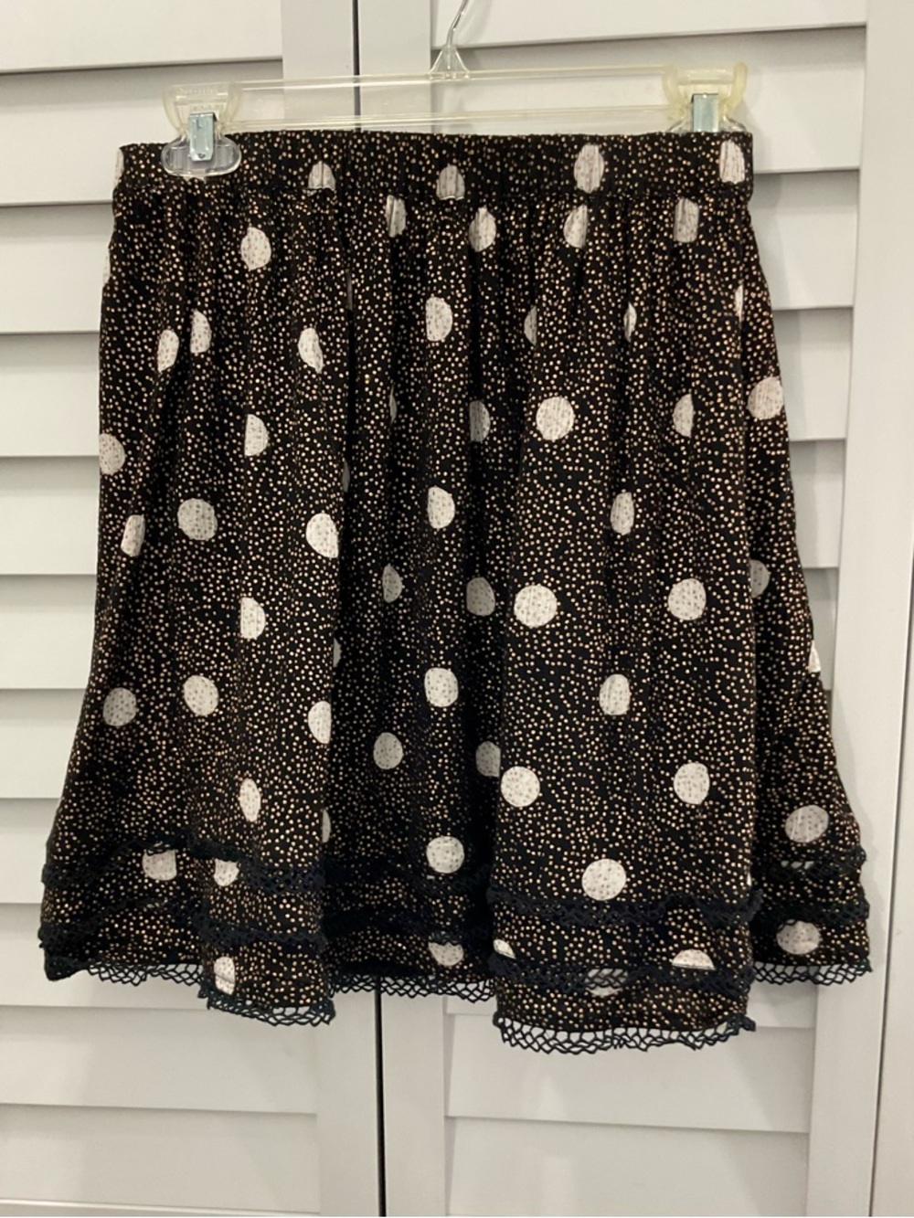 Anthropologie Black Polka Dot Skater Skirt with Lace Hem
